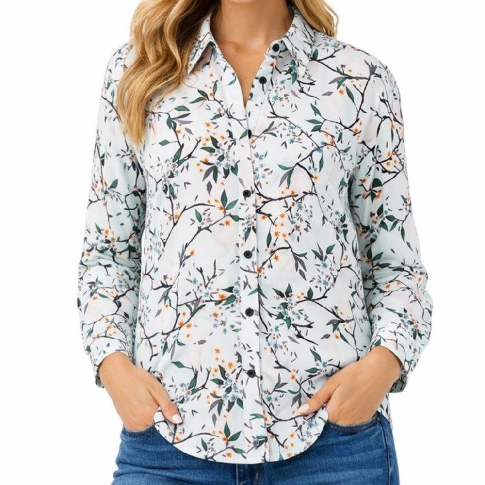 Topshop Petite Floral Button Down‎ Blouse Mint Green Size 4